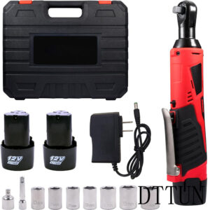 DTTUN Cordless Electric 3/8" Ratchet Wrench Set with Variable Speed Trigger,57 ft.lbs, 220 RPM,7 Sockets,1/4" Adapter,1 extension bars,2 Pack 12V 1500mAh Li-Ion Batteries, 1 Fast Charger